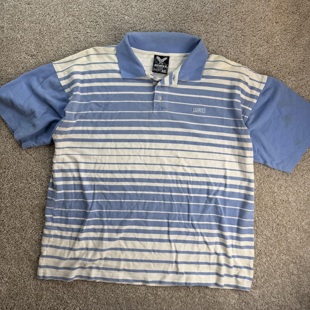 Y2K Avirex Polo Shirt Mens 2XL Blue White Stripe Short Sleeve Knit Streetwear